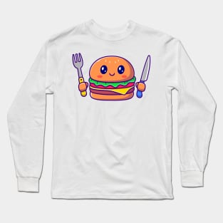 Cute Burger Holding Knife And Fork Long Sleeve T-Shirt